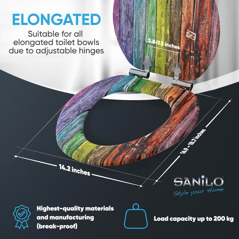 SANILO Wooden Toilet Seat with Soft Close [ELONGATED] - Decorative, Quiet & Slow Close Molded Wood Seat - With Strong Bumpers & Hinges - Adjustable Fit - Rainbow - Image 3